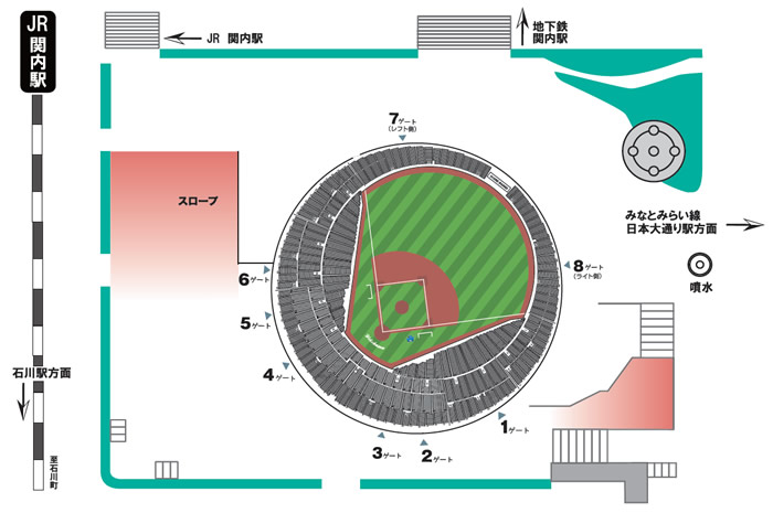 横浜スタジアムJR関内駅からのアクセス案内画像